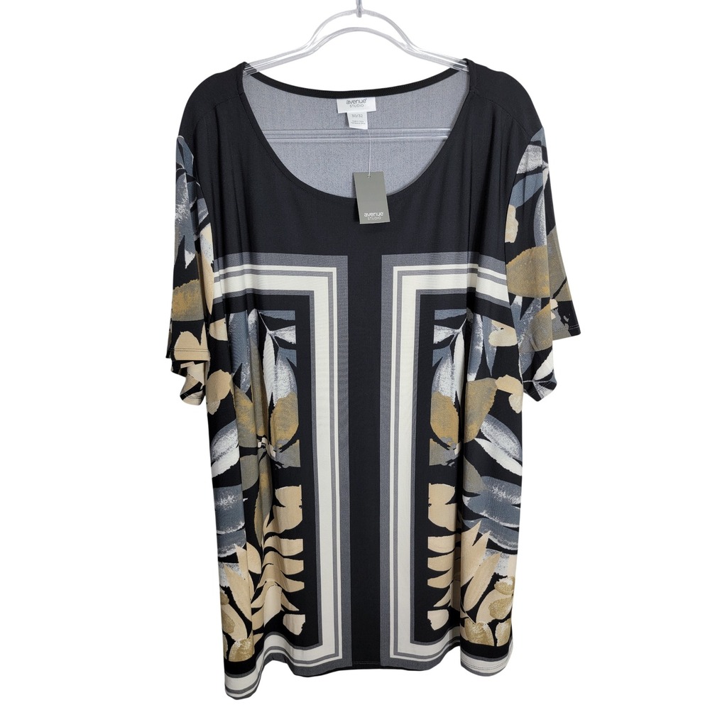 Avenue Womens 30/32 Tunic Top Black Gold Tropical Print Short Sleeve NEW